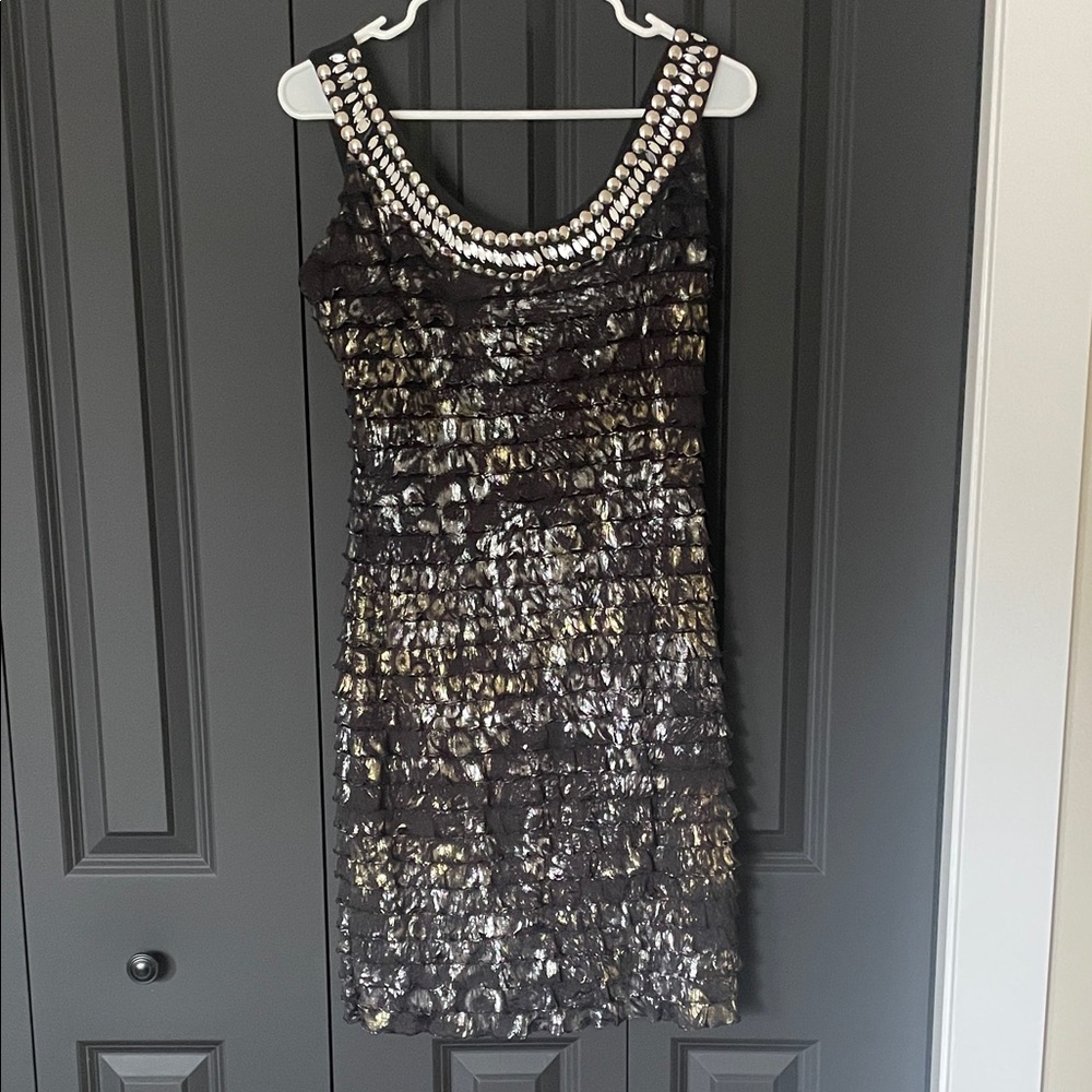 Frank Lyman Design Black and Gold Textured Mini Dress
